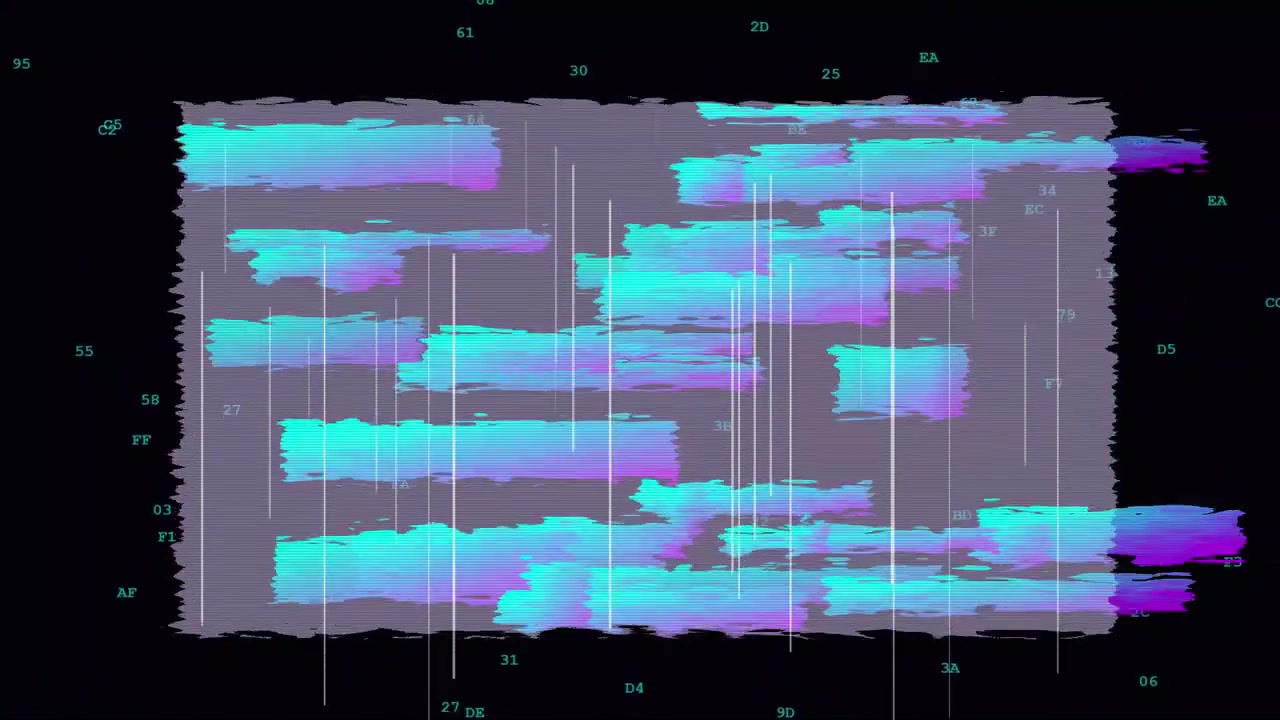Sfondo digitale astratto con effetto glitch e dati esadecimali fluttuanti