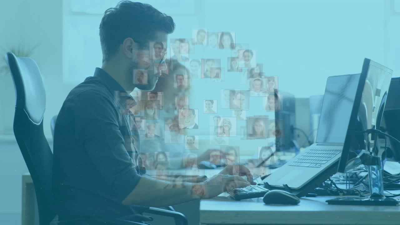 animación de la red de conexiones a través de un empleado de oficina caucásico.