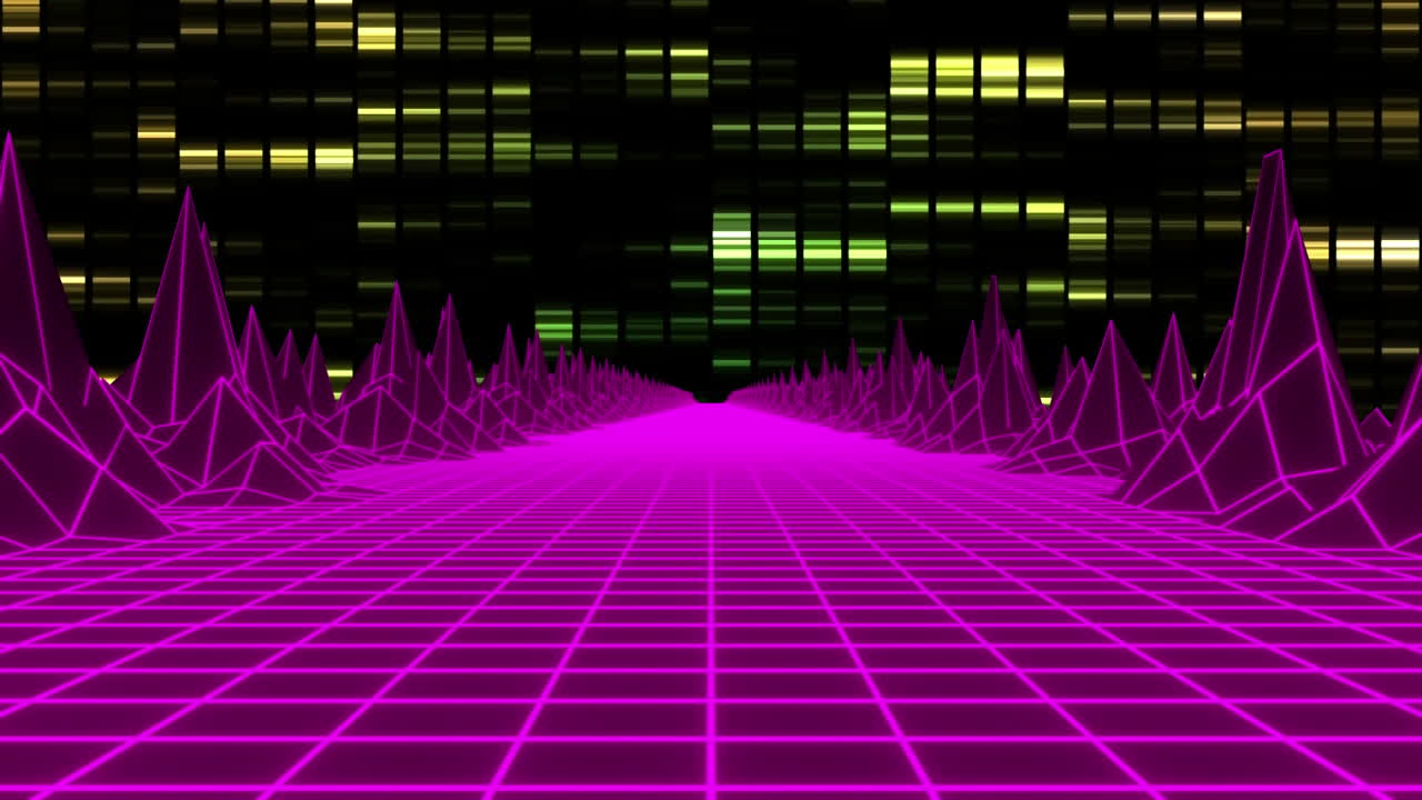 Animation of metaverse structures over purple grid network against mosaic squares