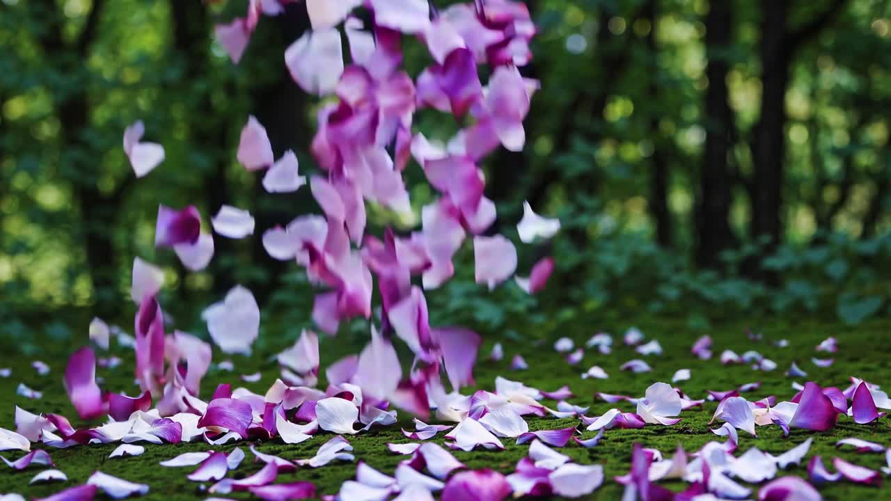 A serene video scene with petals falling in slow motion against a blurred forest background