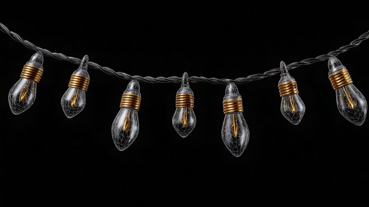 A Beautiful Transformation of Decorative String Lights from a Subtle Glow to a Vibrant Shine, Showcasing Intricate Details and Warm Ambiance Against a Dark Background