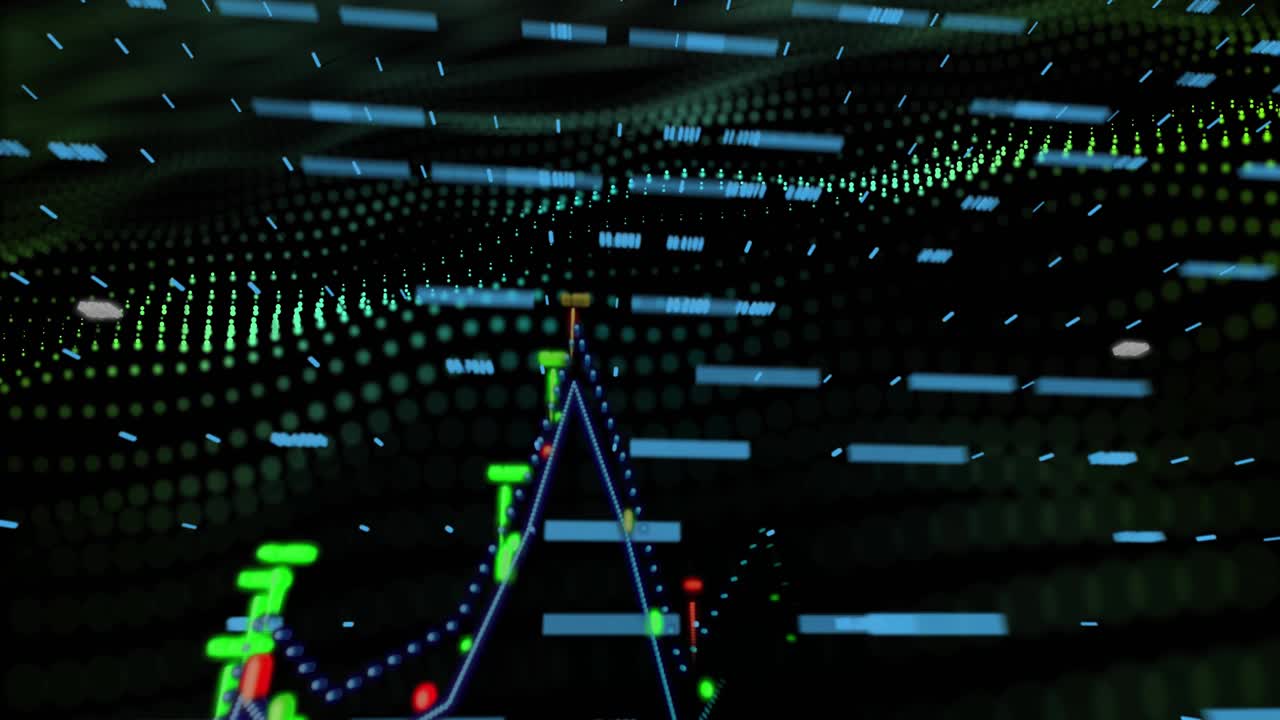 Slender line emerging at bottom ascending into line graph over pulsing dot grid showing data trends