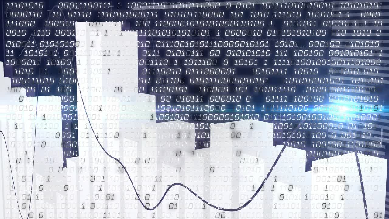 Floating binary digits initiating columns rising into 3D bar chart for dynamic data visualization
