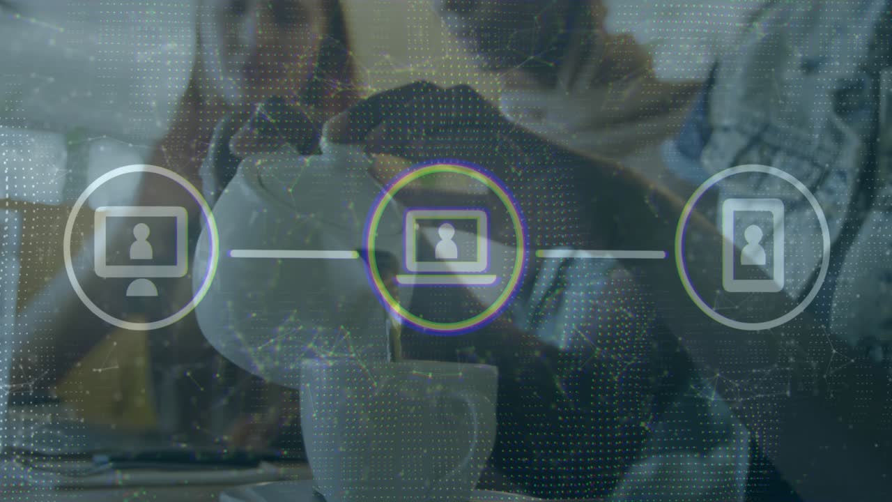 Floating PC connecting laptop smartphone icons tech team pouring coffee with pulsing graphic fading