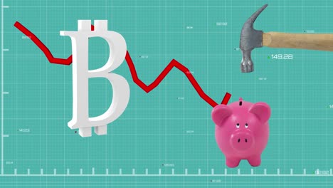 bitcoin, la alcancía y el martillo sobre el gráfico rojo se mueven.