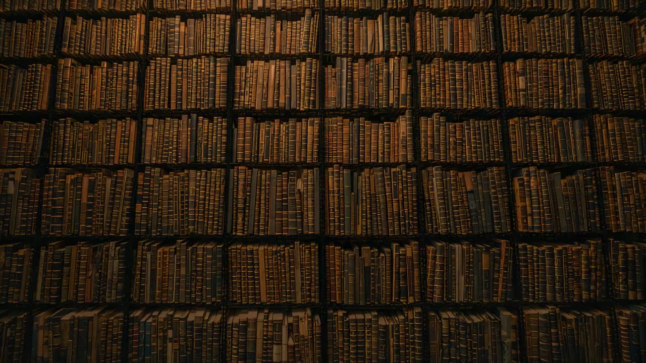 Telecamera che si inclina e avanza, rivelando le file superiori in una sala archivio, enfatizzando i dorsi dorati