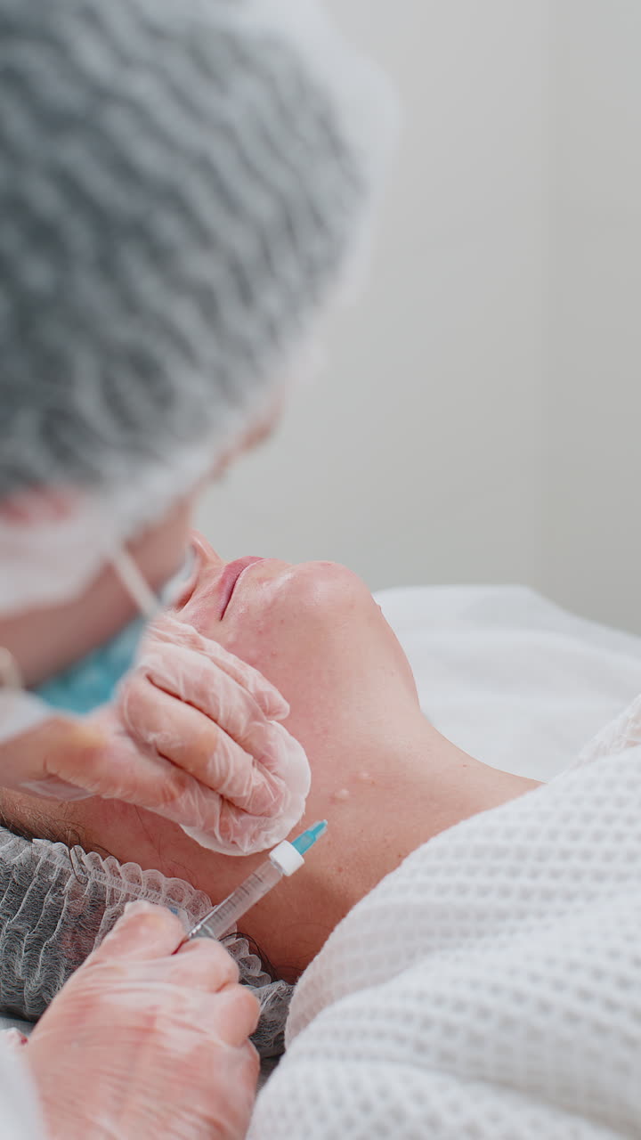 Cosmetologist making young woman beauty antiaging injections biorevitalization neck mesotherapy