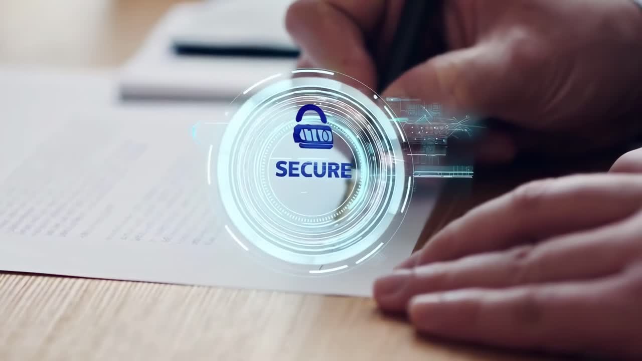 Close-up video of hands signing a document, with digital security overlay, angled from the side
