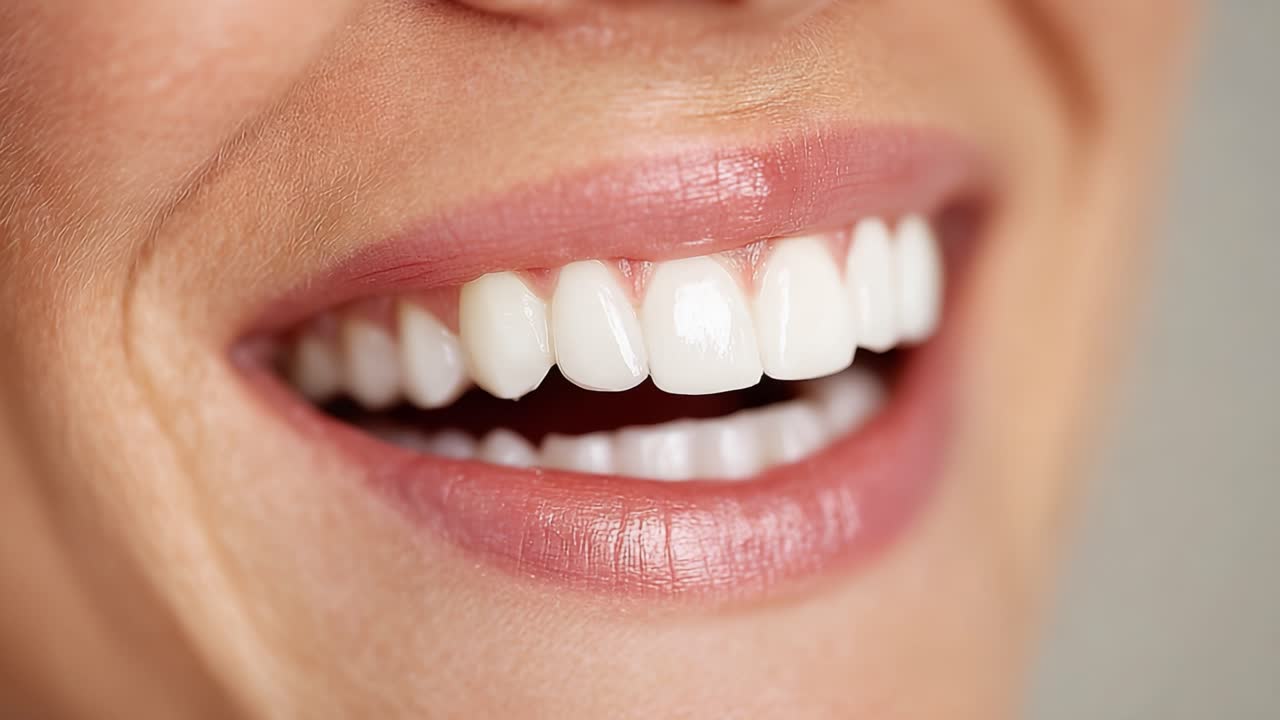 Una sonrisa hermosa: Primer plano de dientes sanos y blancos que resaltan la confianza y la salud bucal en una expresión radiante y alegre.