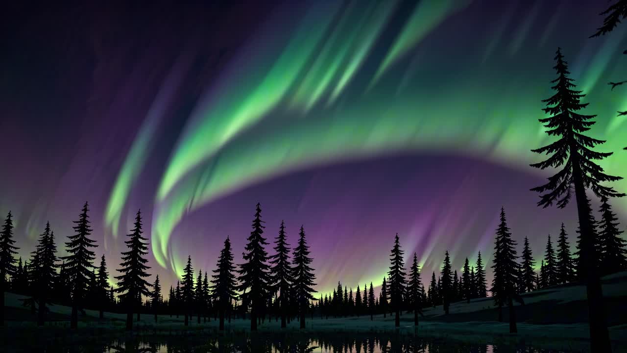 Un video ipnotico grandangolare dell'aurora boreale che danza su una foresta tranquilla