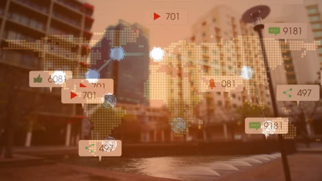animation of social media icons and world map over cityscape