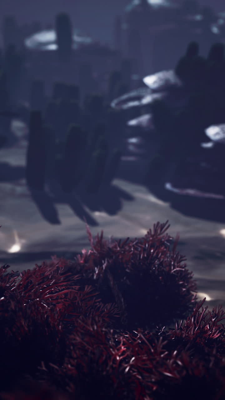 Close-up of Red Seaweed in a Dark Underwater Environment