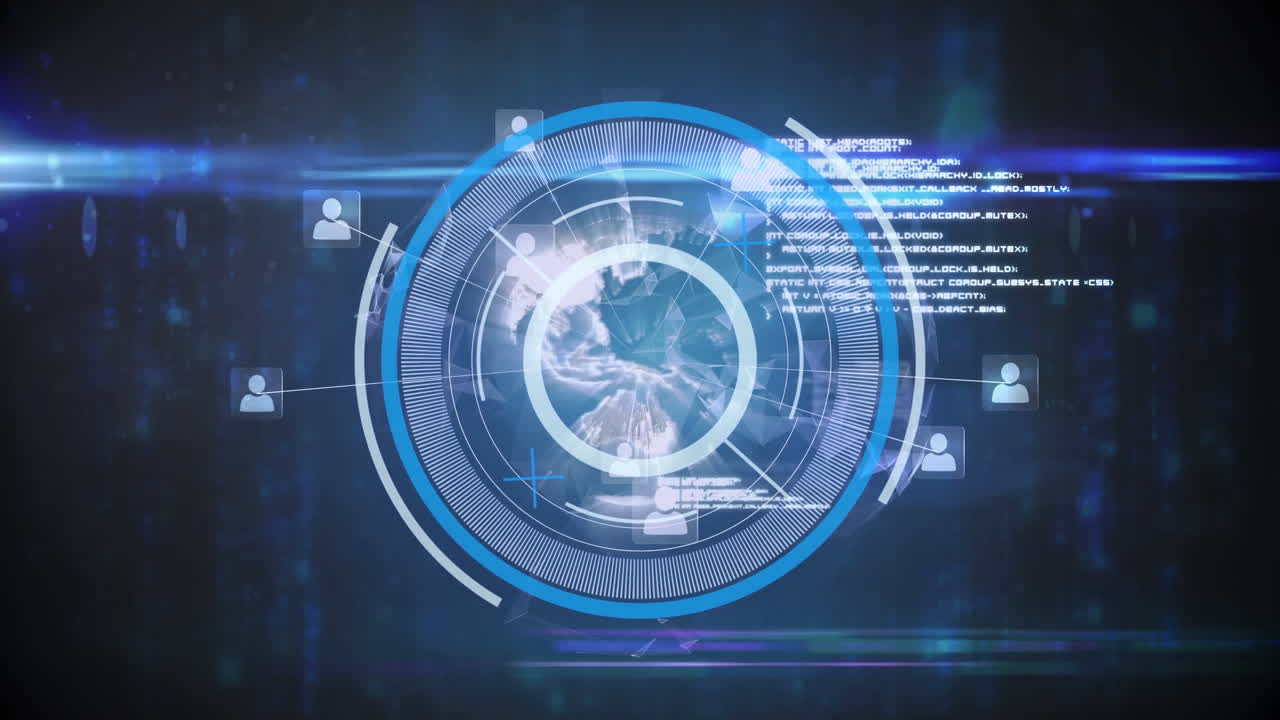 아이콘의 네트워크와 함께 범위 스캐닝과 데이터 처리의 애니메이션