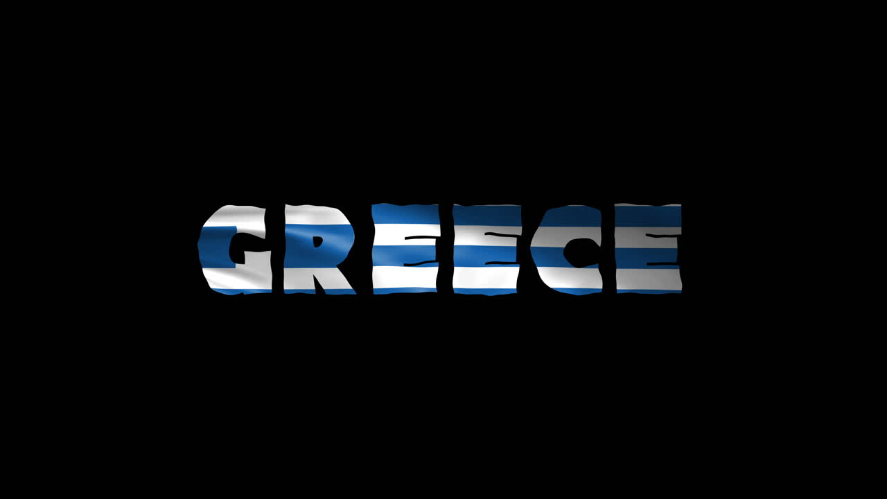 grecia país wiggle texto animación letras con su bandera ondeando mezclarse como una textura - fondo negro chroma clave video loopable