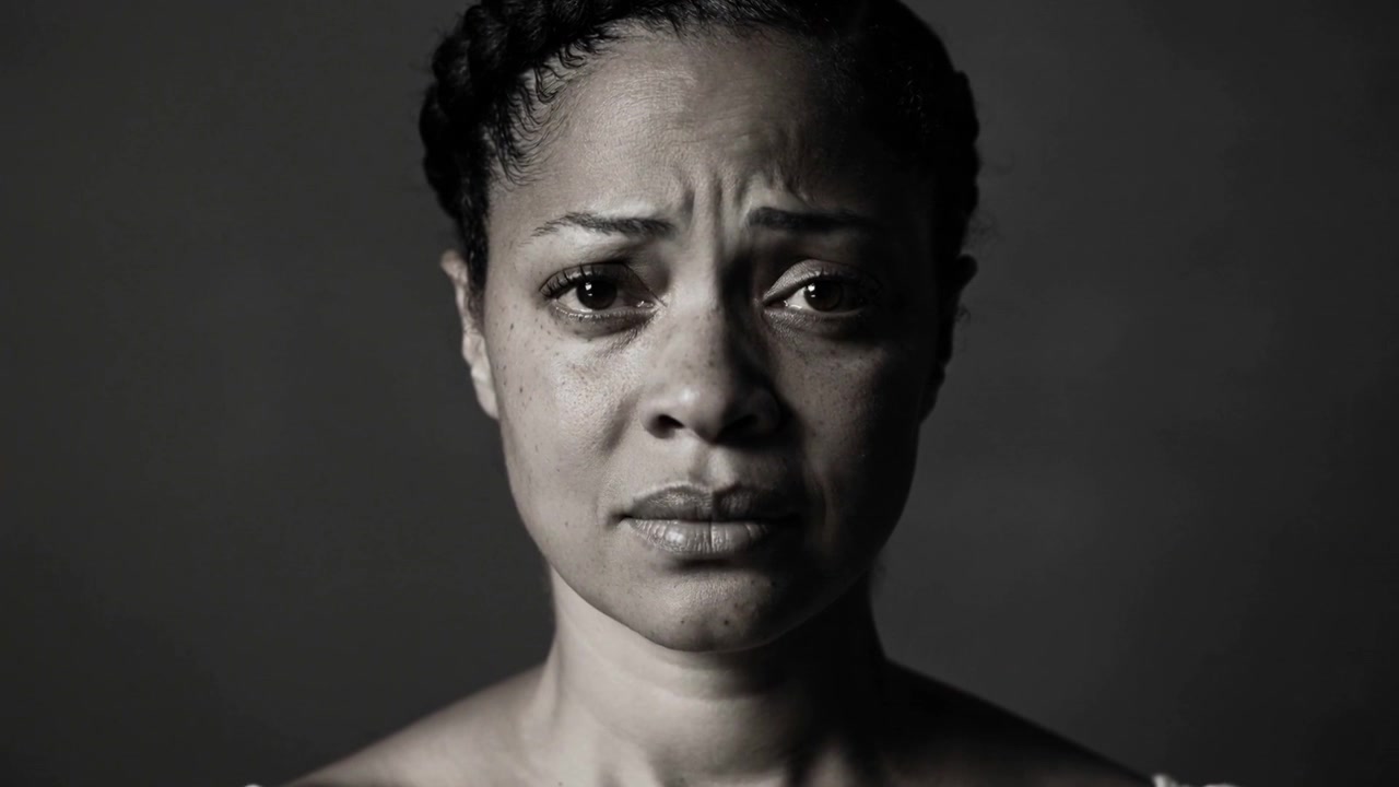 Donna adulta che versa lacrime in un ritratto in studio, con acconciatura a trecce e top a scollo largo.
