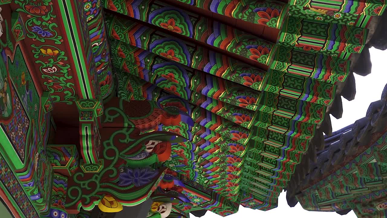 A panning shot of a roof of buddhist temple in South Korea during winter (shoot info: Cin2, 1080p, 23.97fps slowmotion from 59.94fps)