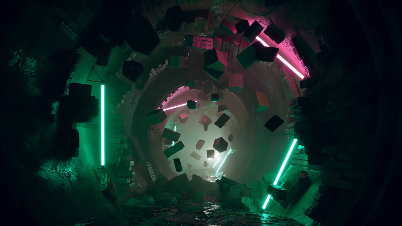 Neon Tunnel With Floating Cubes Immersive Cyberpunk Corridor Bathed In Magenta And Teal Light, Vertical