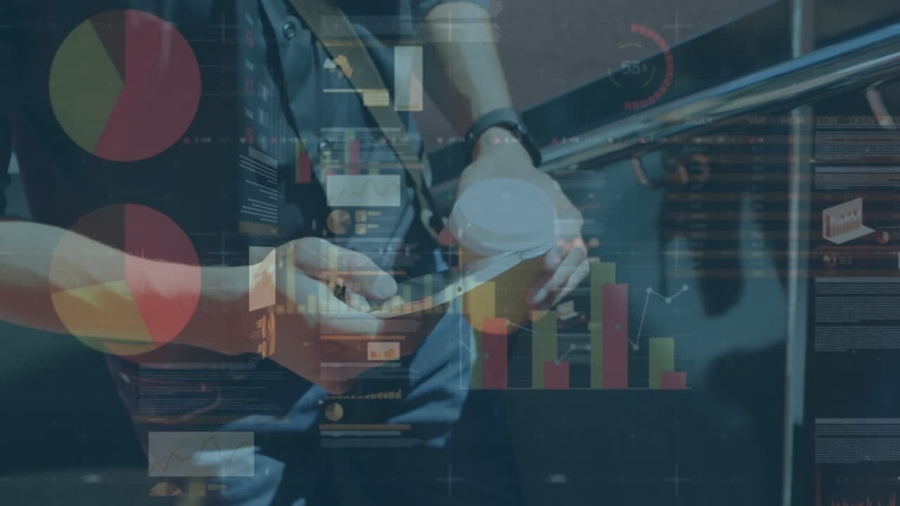 Animation of financial data processing over caucasian man using smartphone