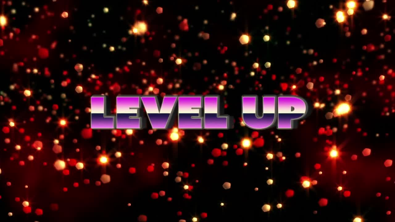 검은 바탕에 떠다니는 빛나는  ⁇ 은 입자에 대항하여 레벨 업 텍스트 배너의 디지털 애니메이션