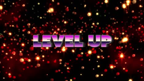 Digital-animation-of-level-up-text-banner-against-glowing-red-particles-floating-on-black-background