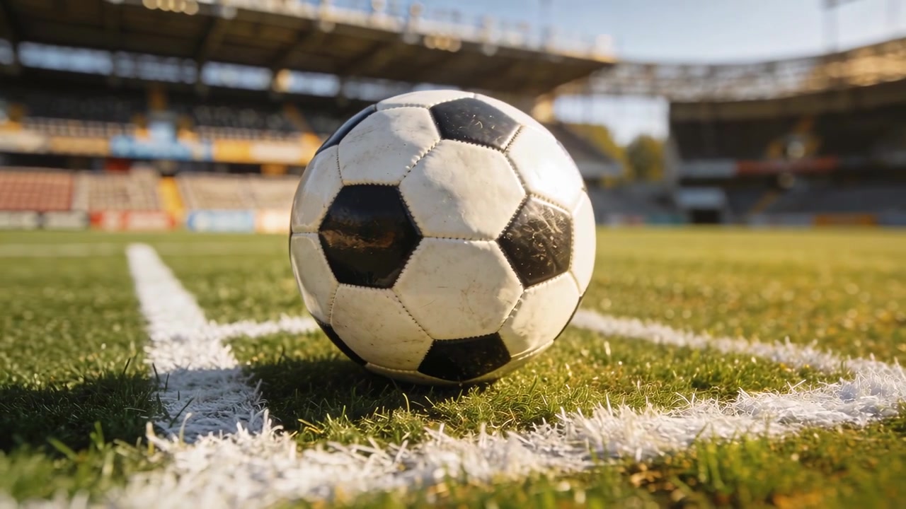 Kamera se oddaluje a zvedá, odhaluje černobílý fotbalový míč na namalovaném rohovém oblouku na stadionu.