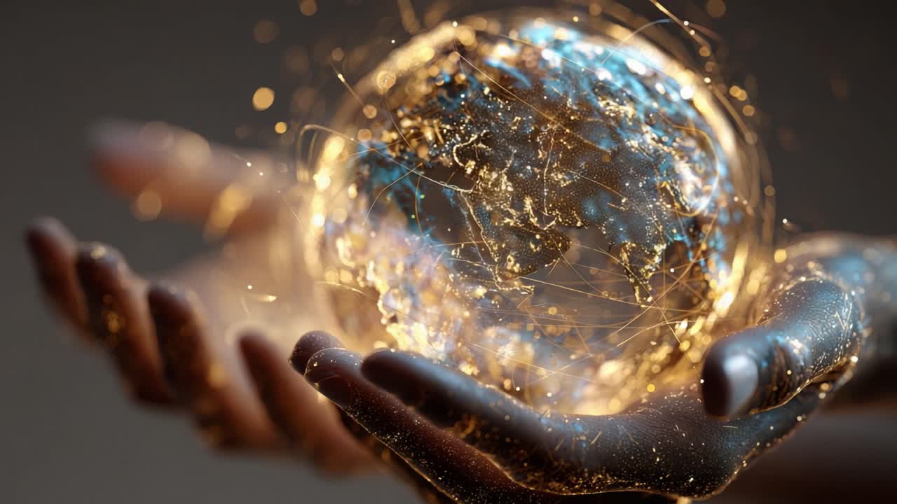 Cupped hands holding a glowing digital sphere of interconnected nodes and golden light particles, symbolizing global network, data, innovation and human connection in a dark cinematic scene