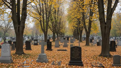 A Serene Autumn Walk Through a Cemetery Lined with Majestic Trees and Golden Leaves, Offering a Reflection on Life Amidst Beautifully Maintained Gravestones