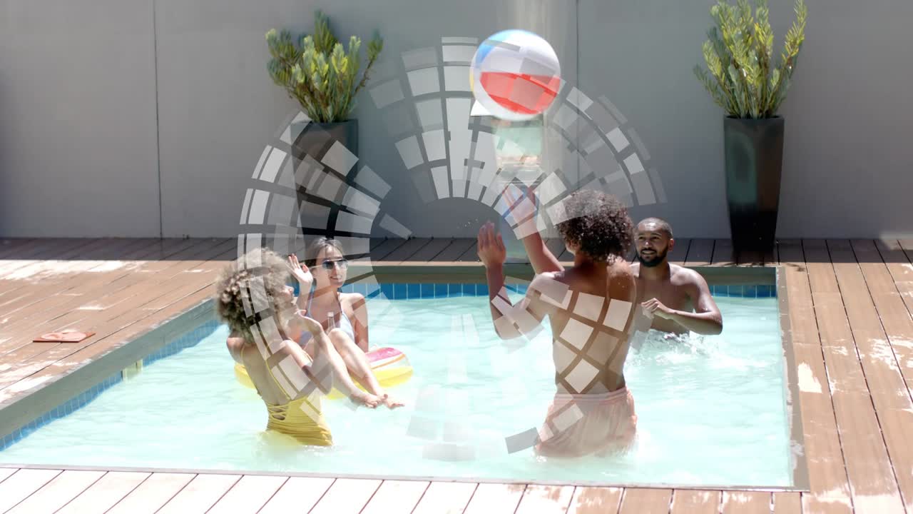 right man reaching up sending beach ball ring while group playing in pool, lifestyle logo appearing