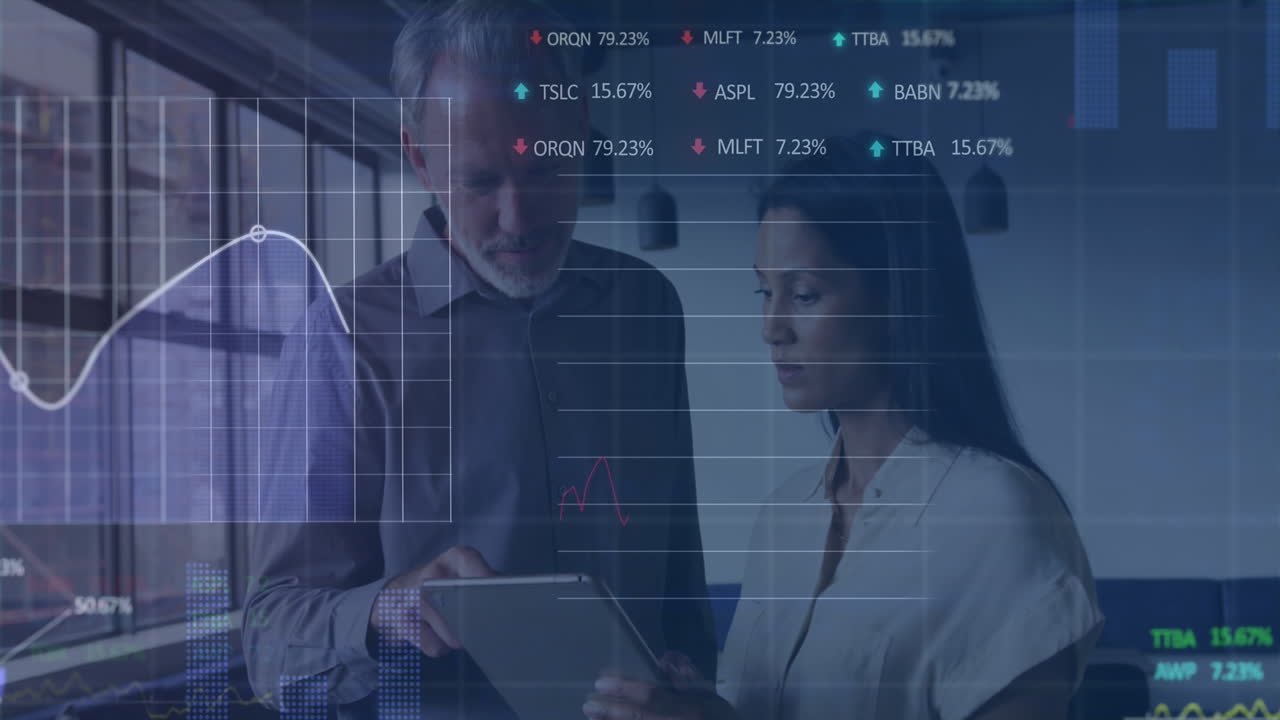 Animation of graphs and trading board over diverse colleague discussing over tablet in office
