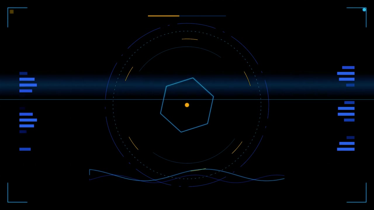 Futuristic Digital HUD Interface with Rotating Hexagon and Data Graphs