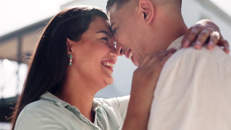 Happy,-couple-and-forehead-touch-outdoor-for-love