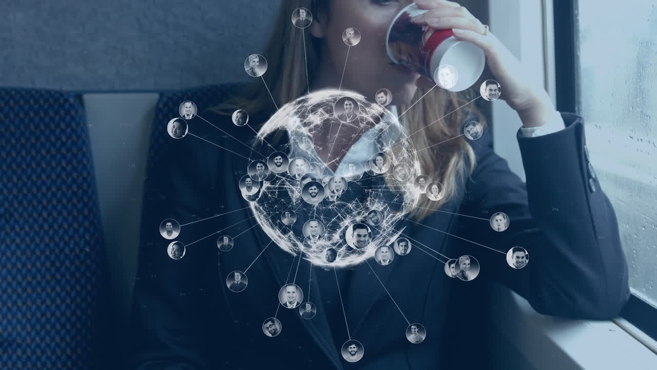 스마트 폰을 사용하는 열차에 있는 사업가 여성에 대한 글로벌 네트워크의 애니메이션