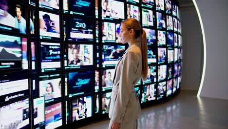 una mujer de negocios observa una gran pared compuesta por múltiples pantallas que muestran varios contenidos multimedia, desde noticias hasta redes sociales y entretenimiento