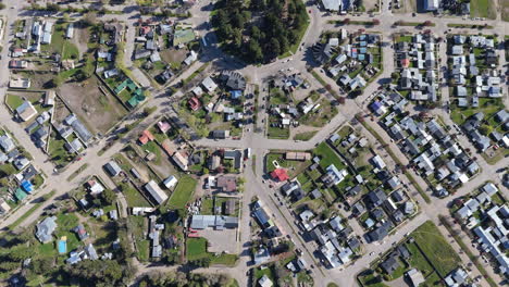 Aerial view of a residential neighborhood featuring a circular street layout at Trevelin, Argentina.