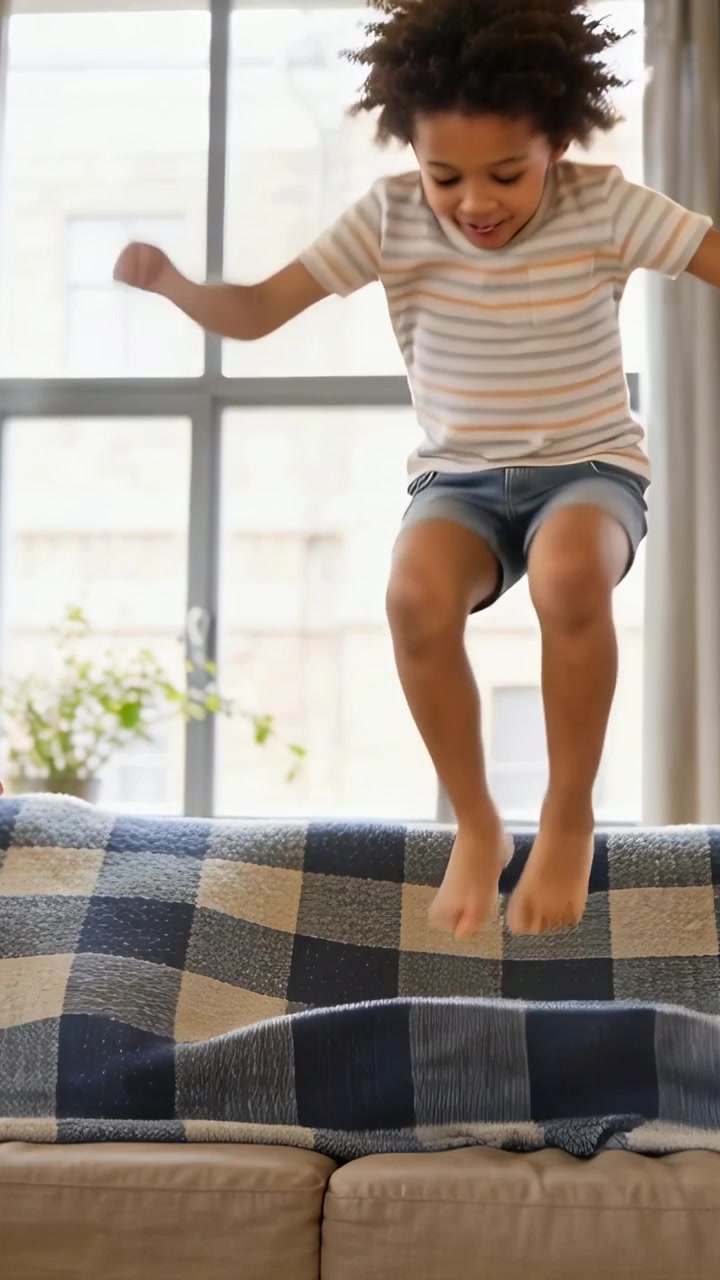 Vertical video: Jumping boy bending bouncing on home sofa holding plaid blanket, barefoot, playing