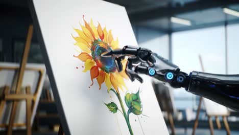 a robotic hand skillfully painting a vibrant sunflower, blending technology and art in a modern creative space