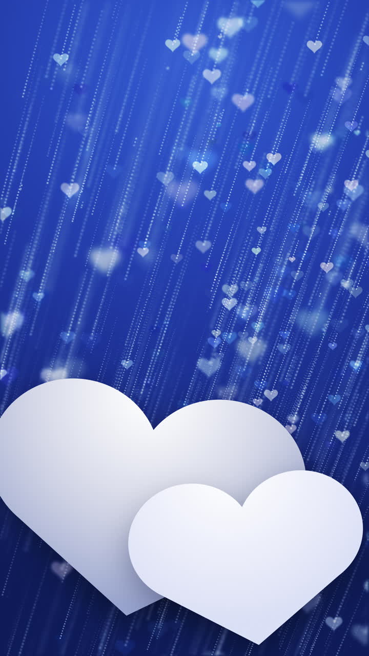 White heart shapes on a blue animated holiday background with a shimmering shining rain of particles. Looped. Vertical video.
