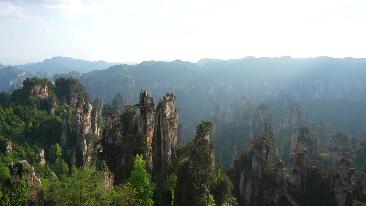 Vista panoramica dei pilastri e delle cime di arenaria nel Parco Forestale Nazionale di Wulingyuan nella provincia di Hunan