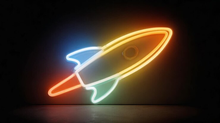 Vibrant neon rocket sign cycling colors in a dark room, glowing tube lamp casting a vivid floor reflection futuristic startup and launch concept symbolizing creativity and progress