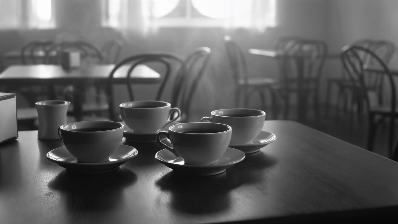 Tavolo vuoto di un caffè vintage con tazze, piattini di porcellana, luce solare soffusa dalla finestra, sedie da bistrò impilate.