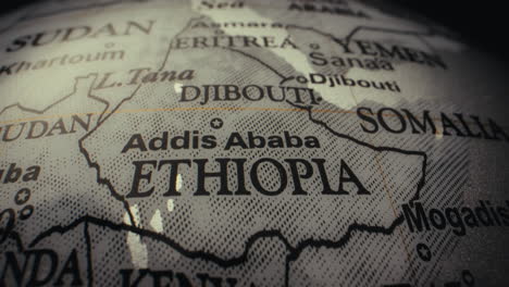 Close-up of a world map showing Ethiopia and surrounding countries.