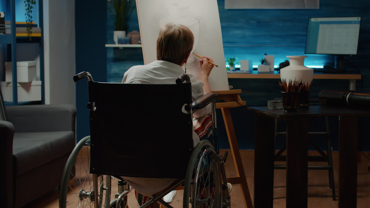 Woman with chronic health condition drawing vase on canvas