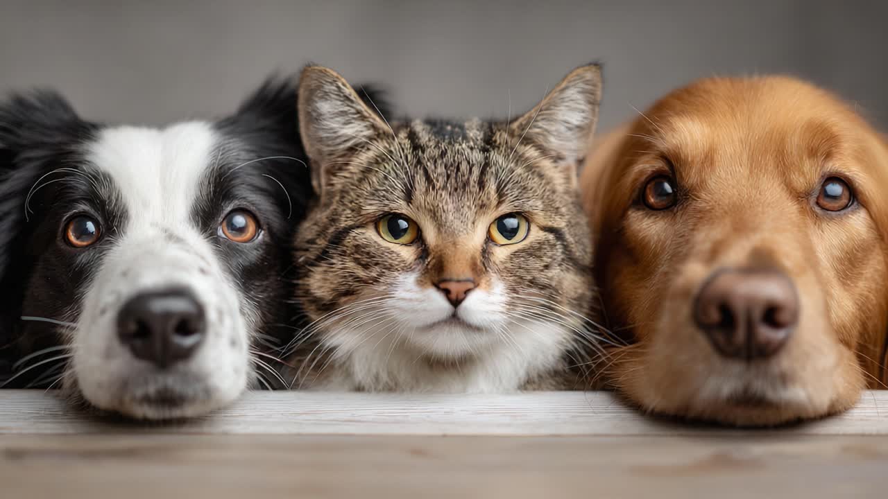 Heartwarming Portrait of a Dog, Cat, and Another Dog with Expressive Faces Capturing the Essence of Pet Companionship and Mutual Affection, Perfect for Animal Lovers