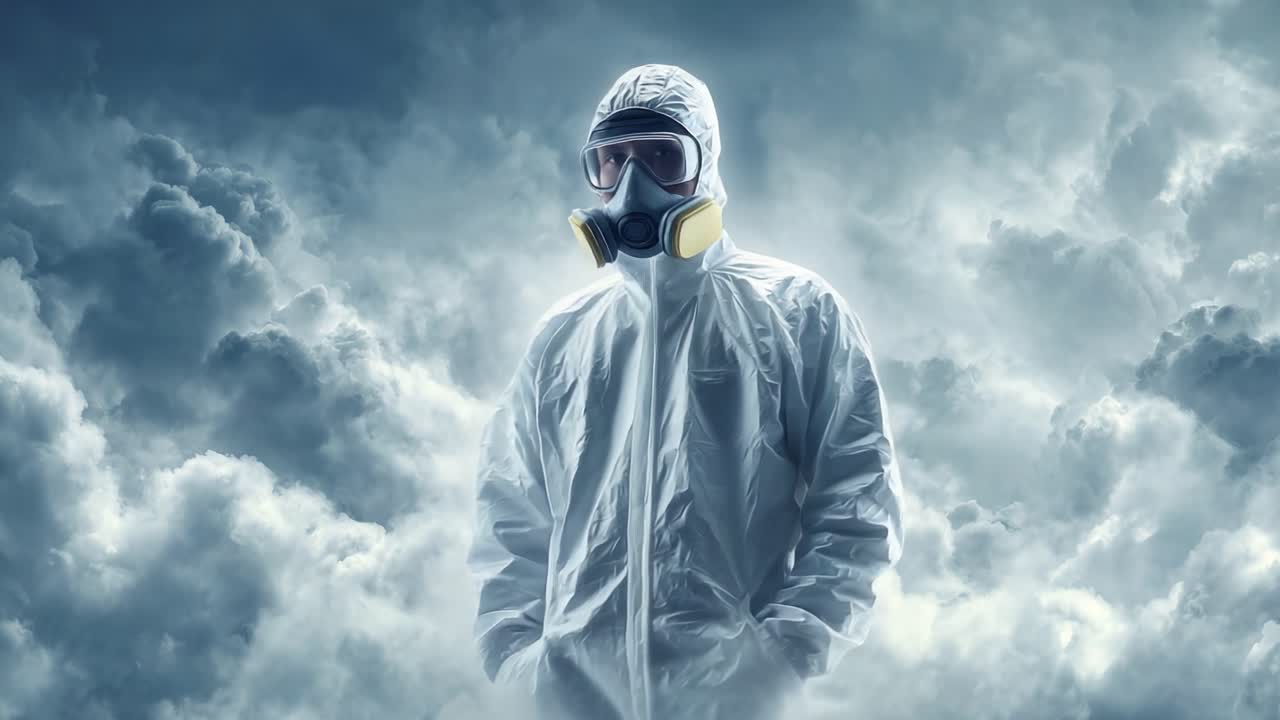 Una figura solitaria in equipaggiamento protettivo si erge tra nuvole vorticose, mostrando resilienza e cautela di fronte all'incertezza e ai potenziali pericoli.