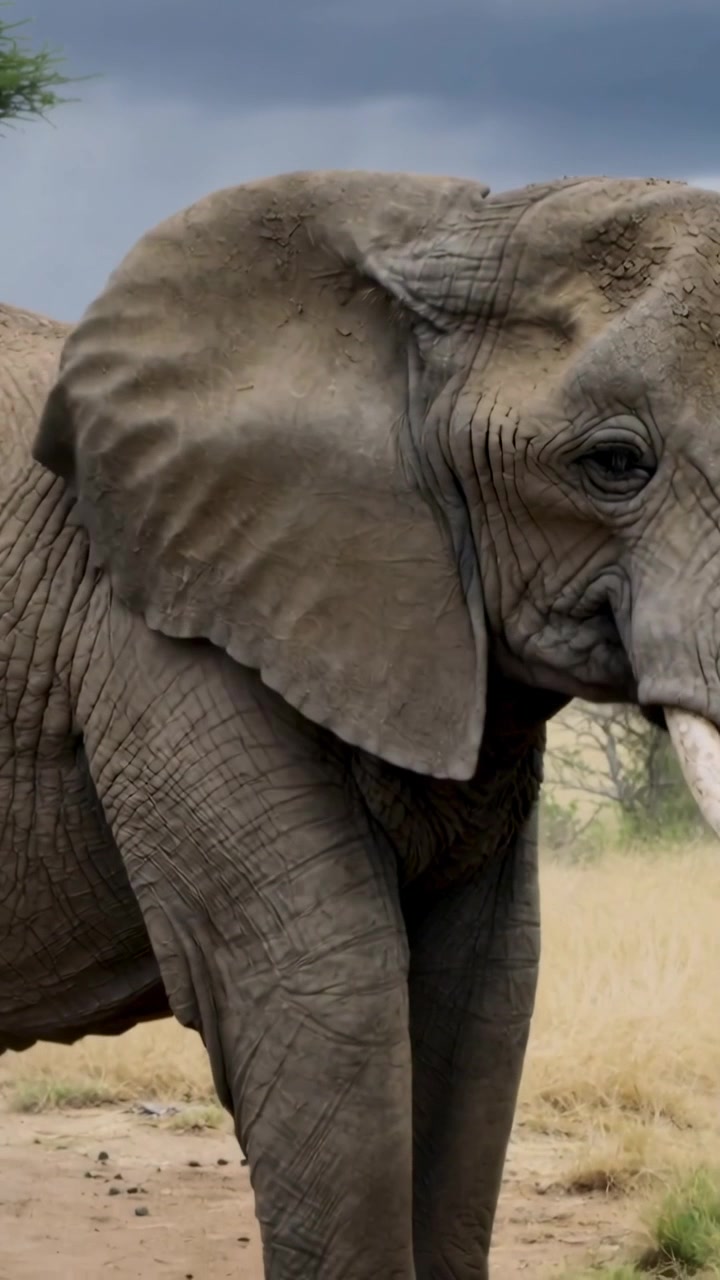 Vídeo vertical: Elefante adulto caminhando por uma planície gramada com lama, presa visível, tempestade próxima