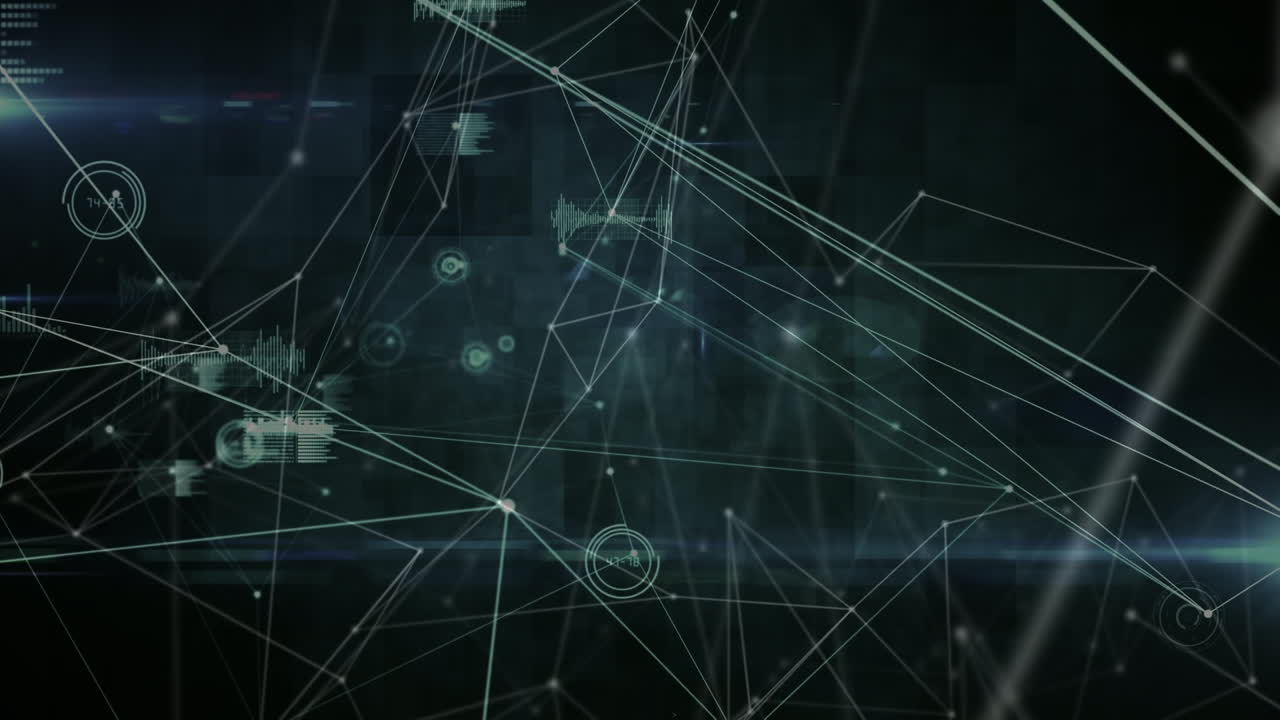 Animation of network of connections with icons and data processing on black background