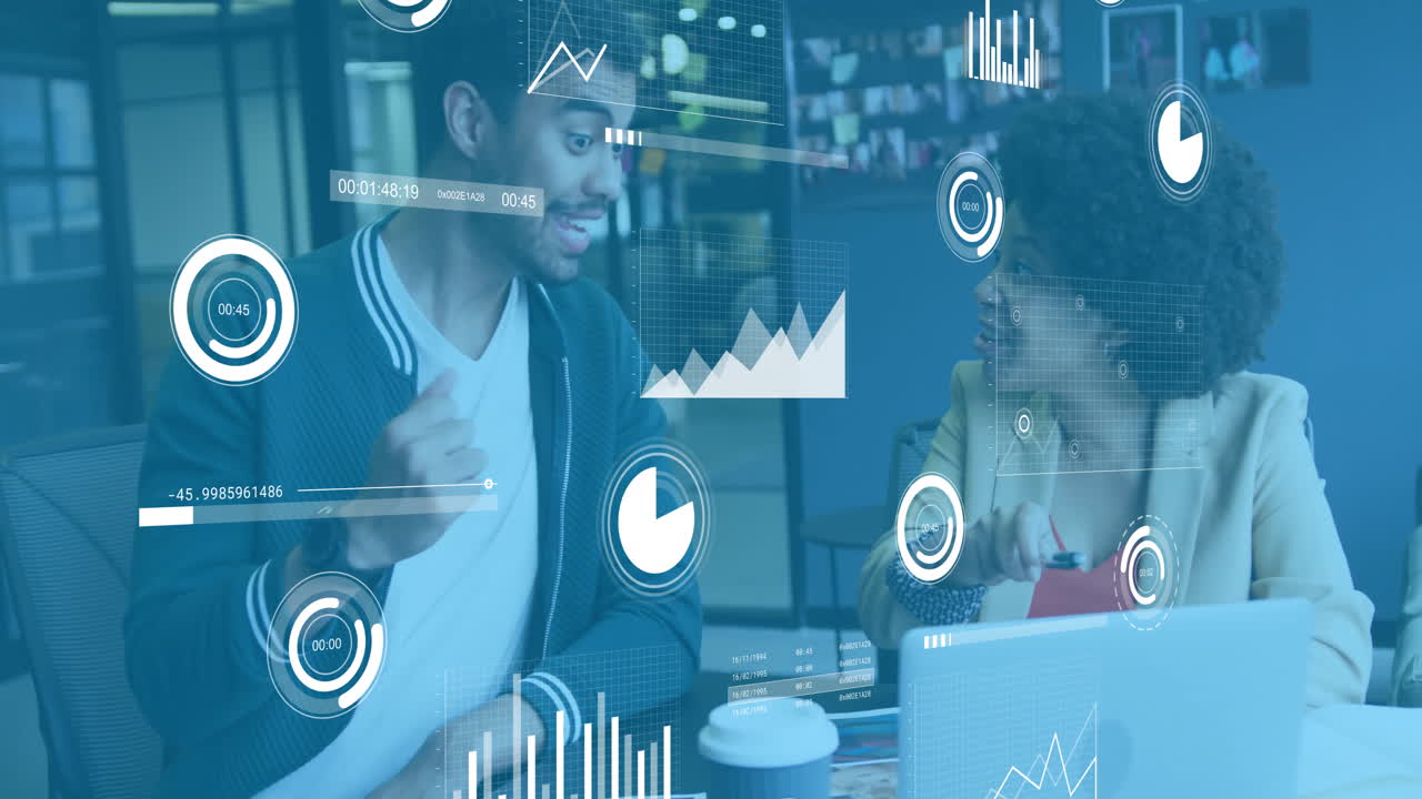 Animation of financial data processing over diverse business people in office