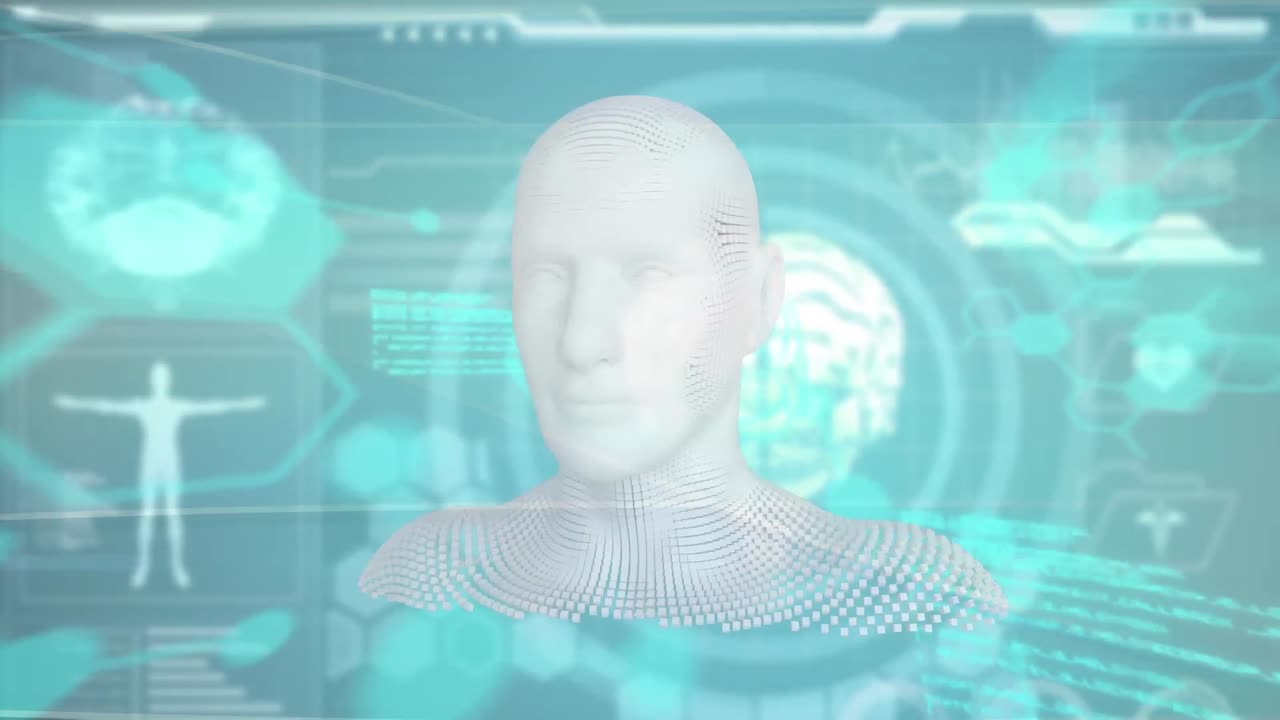 Animation of dots forming human face over brains and human representations on blue background