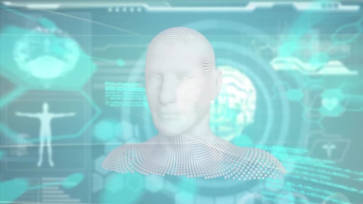 Animation of dots forming human face over brains and human representations on blue background