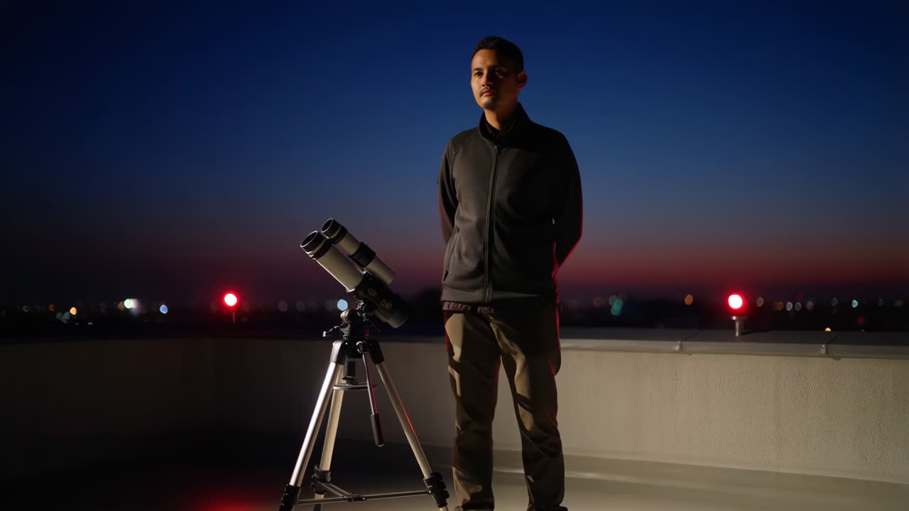 Man with a telescope on a rooftop at dusk